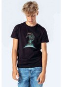 Resim Astronot Kaykay Baskılı Unisex Çocuk Siyah T-Shirt 