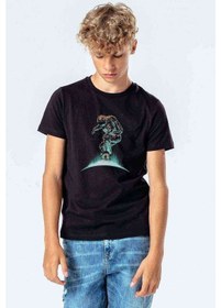 Resim Astronot Kaykay Baskılı Unisex Çocuk Siyah T-Shirt 