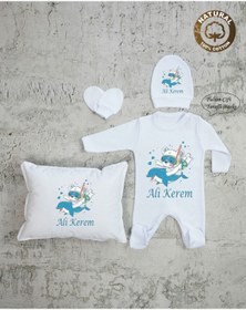 Resim yzc home size dair... E55 Ty Isimli Erkek Bebek Yastık Tulum Şapka Eldiven Set Beyaz Hastane Çıkışı %100 Pamuk 