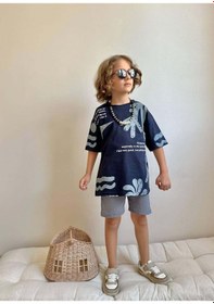 Resim Miniko Kids Erkek Çocuk Kaktüs Desenli Müslin Şortlu Pamuk Takım Lacivert 