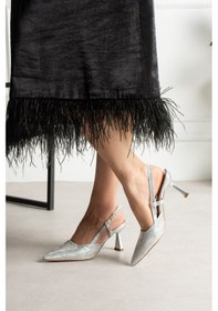Resim Shoetek Rinva Kadın Stiletto Yandan Bantlı Topuklu Ayakkabı Gümüş Simli Deri GUMUS 