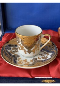 Resim Güral Porselen El Dekoru 2 Kişilik Altın Yaldızlı Türk Kahve Finc 