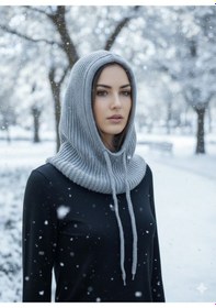 Resim Kadın Kışlık Triko Örgü Balaklava Tesettür Başlık-şapka Gri 