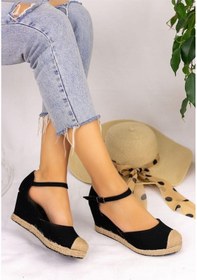 Resim Gerçek Elişi Burnu Hasırlı Keten Siyah Espadril Dolgu Topuk Handmade Siyah 