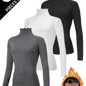 Resim 3 adet Kadın Termal Uzun Kollu Balıkçı Yaka Alt Katman Gömlekleri Dantel Yaka ile, Sonbahar ve Kış için Uyumlu Katlama Üstleri 