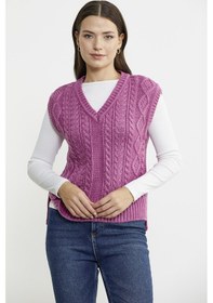 Resim Saç Örgülü Arkası Uzun Triko Süveter - Gül Çok Renkli 