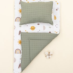 Resim Alt Açma Matı ve Yastık - Çift Taraflı - Haki Muslin - Galaksi ve Harfler 