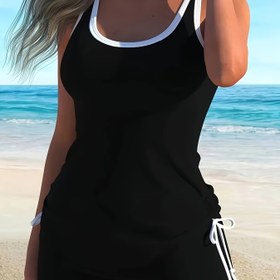 Resim Kadın Moda Tankini Mayo, Çapraz Sırtlı Beli Bağcıklı İki Parça Set 