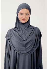 Resim Kadın Tesettür Pamuklu Başörtülü Namaz Elbisesi Dantelli Tek Parça Penye Kumaş Füme 