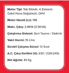 Resim Wonder WBJ2800M 3.5Kw 2.8Kva Monofaze Benzinli Jeneratör 