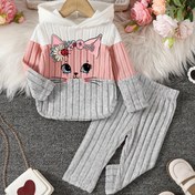 Resim 2'li Kız Çocuk Kışlık Sıcak Kapüşonlu Kazak & Pantolon Seti - Yumuşak Pastel Pembe & Renk Bloklu, Kalp & Kedi Yüz Aplike Detaylı, Uzun Kollu Kazak & Eşofman Altı, Dış Mekan, Günlük Giyim için (Makinede Yıkanabilir) 