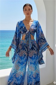 Resim laviyonsa Otantik etnik desenli %100 ipek pantolon & bolero takım STD 36-40 