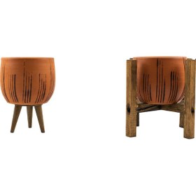 Resim Bitki Tasarımı Ev Dekorasyon Siyah Çizgi Desenli Terakota Toprak Saksı Saksılık Salon Çiçeklik İkili Set 3 Ayaklı, 4 Ayaklı 12 Cm 