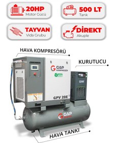 Resim Hava Kompresörü Depo Üstü İnvertörlü Vidalı 20hp 500lt Gpv20e 