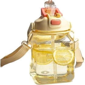 Resim YinQian Boutique Büyük Kapasiteli Su Bardağı Yüksek Sıcaklığa Dayanıklı Çift Katmanlı Içecek Pipeti Omuz Askılı Plastik Bardak Çapraz Büyük Göbekli Bardak (Yurt Dışından) 