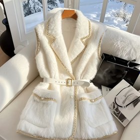 Resim Kadınlar İçin Altın Düğmeli Kolsuz Tweed Mont - Ayarlanabilir Bel Kemeri, Şık Yaka Detayı, Makinede Yıkanabilir, Tek Renk İlkbahar/Sonbahar 