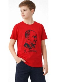 Resim Erkek Çocuk Atatürk Baskılı Tişört Kısa Kollu Bisiklet Yaka T-shirt - Kırmızı 
