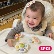 Resim 3 adet çizgi film dönen üst oyuncakları seti, yemek masalarında, camlarda ve fayans duvarlarında kullanım için uygun erken çocukluk dikkat çekici oyuncaklar, banyo oyuncakları, erkekler ve kızlar için ideal doğum günü hediyesi 