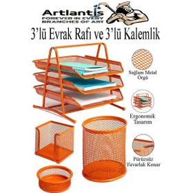 Resim Turuncu Metal Evrak Rafı 3 Lü Ve Masaüstü Kalemlik 3 Lü 1 Paket Masaüstü A4 Dosya 3 Katlı Düzenleyici Kağıt Tepsisi 