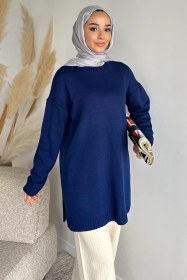 Resim Gülseli Bisiklet Yaka Yırtmaçlı Tesettür Triko Tunik Lacivert TZL-P-00020085 