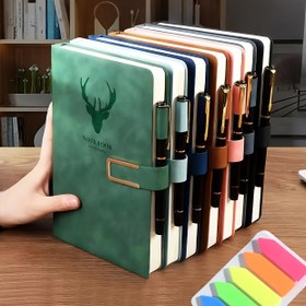 Resim 10'lu Set: 1 Defter + 5 Renkli İndeks Kartları (Toplam 100 Sayfa) + 1 Kalem + 3 Yedek - A5 Defter Seti, 360 Kalın Suni Deri Çıtçıtlı Kapanış, Çoklu Renk Seçeneği Mevcut, Ofis, Toplantı ve Ev Kullanımına Uygun 