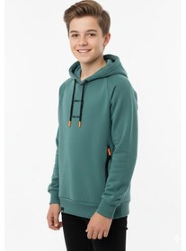 Resim Kapüşonlu Fermuarlı Cepli Erkek Çocuk Sweatshirt-90919 Yeşil 