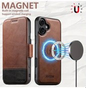 Resim Gaojunshop01 Manyetik Kredi Kartlı Kablosuz Şarjlı iPhone Uyumlu 16 Plus Kahverengi Deri Kitap Kılıf 