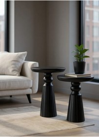 Resim ASELYA HOME Doğal Ahşap 2’li Set Siyah Renk Mantar Yan Sehpa Modern Fiskos Zigon Çiçeklik 