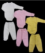 Resim özdemirli bebe Uzun Kollu Kendinden Eldiven Çıtçıtlı Kruvaze Badi Ve Patikli Alt ( 3 Takım Krem-pembe-sarı) 