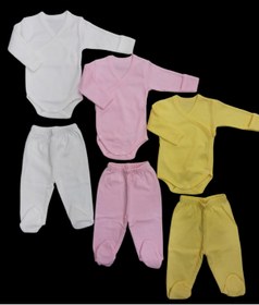 Resim özdemirli bebe Uzun Kollu Kendinden Eldiven Çıtçıtlı Kruvaze Badi Ve Patikli Alt ( 3 Takım Krem-pembe-sarı) 