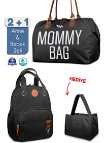 Resim Stylo Bebek Bakım Kadın Omuz Çantası + Popi Anne Kadın Sırt Çantası + Termos Çanta Mommy Siyahtk 