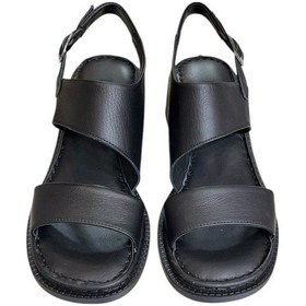 Resim Siyah Hakiki Deri Kalın Bant Puf Taban Topuklu Sandalet Siyah 