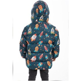 Resim Erkek Çocuk Polarlı Kapüşonlu Roket Desenli Kışlık Şişme Mont & Kaban & Parka-32 Lacivert 