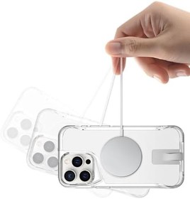 Resim iPhone 15 Pro Max Uyumlu Kılıf Case, Transparent, Kablosuz Şarj Özellikli Metal Standlı Şeffaf Kapak 