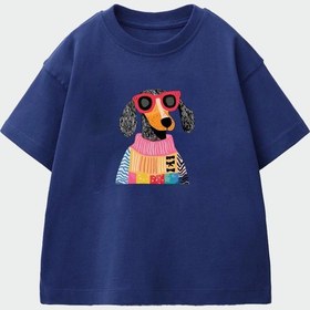 Resim Monila Kız Çocuk Köpek Baskılı Pamuklu Bisiklet Yaka T-shirt Lacivert 