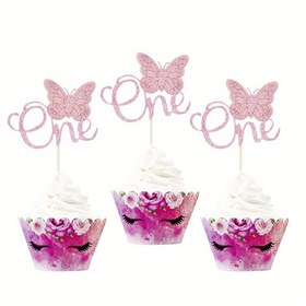 Resim 8 Adet Bambu Parıltılı Kelebek Cupcake Süsü, Bebek Duşu, Doğum Günü, Yıldönümü Partisi Süslemeleri için "Bir" Sayılı Pasta Seçimi, Evrensel Tatil Kullanımı, Elektrik Gerekmez 