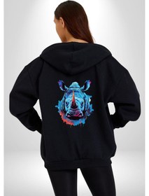 Resim Angemiel Su Aygırı Hipopotamo Renkli Kadın Erkek Siyah Renk Kapüşonlu Kanguru Cepli Fermuarlı Pamuklu Oversize Dijital Baskılı Hırka Sweatshirt Siyah 
