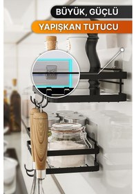 Resim Bino Mutfak Rafı 2'li Set Yapışkanlı Lüks Modern Siyah Metal Baharatlık Rafı Organizer Düzenleyici Siyah 