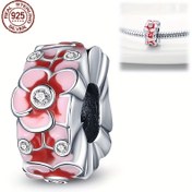 Resim 1 adet Zarif 925 Ayar Gümüş Charm Boncuk, Emaye Kırmızı Çiçek Tasarımı, 3mm Bilekliğe Uygun, Kadınlar için Moda Takısı, DIY Hediyesi, 3g 