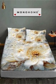 Resim MONOHOME%100 Pamuk Lastikli Çift Kişilik Çarşaf Takımı Beyaz Gül Desenli, MONOHOME82516 