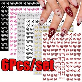 Resim 6 adet - set 3D Kurdele Yaylıkları Tırnak Sanatı Etiketleri 3D Pembe/Beyaz/Siyah/Kırmızı Sevimli Yay Döşemeleri Altın/Gümüş/Pembe Yaylıklar Tırnak Şansörleri Kendinden Yapışkanlı Kaydırıcılar 