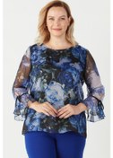 Resim 3129 Saks Çiçek Desenli Şifon Büyük Beden Bluz Saks Mavi 
