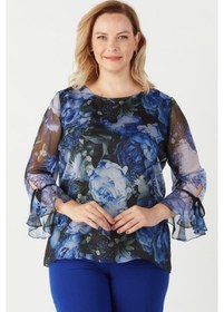Resim 3129 Saks Çiçek Desenli Şifon Büyük Beden Bluz Saks Mavi 