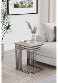 Resim Lyon 3'lü C Zigon Sehpa Gümüş Metal - Beyaz Mermer Tabla 