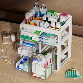 Resim JIUIQI-QF 1 Adet Beyaz 3 Katlı Çok Bölmeli İlaç Organizatörü - Şeffaf Cam Çekmeceli, Geniş Depolama Alanı Ev, Ofis veya Tıbbi Kullanım İçin - Dayanıklı Plastik Tasarım, Vitaminler ve Malzemeler 