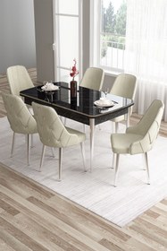 Resim Canisa Tia Serisi 80x132 Mdf Açılabilir Siyah Mermer Desen Krom Detay Mutfak Masası Ve 6 Krem Sandalye 