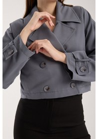 Resim Kruvaze Yaka Crop Trençkot Koyu Gri 