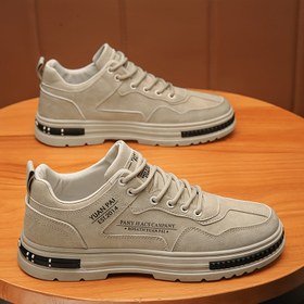 Resim Erkek Düşük Bilekli Kaykay Ayakkabıları - Bej/Beyaz/Siyah Renk Kombinasyonu - Sentetik Üst Yüzey & Yastıklı PVC Taban - Tüm Sezon Bağcıklı Spor Ayakkabılar, Kaykay, Spor Salonu, Yürüyüş, Streetwear için - Günlük & Resmi Etkinlikler için Hafif Şehir Ayakkabıları - Kolay Temizlenebilir Tasarım, Spor Salonu Ayakkabısı, Şık Stil, Nefes Alabilen Kumaş, Çok Yönlü Ayakkabı, Aktif Yaşam Tarzı, Erkekler için Resmi Ayakkabı, Erkekler için Günlük Ayakkabı, Erkek Spor Ayakkabısı, Erkek Ayakkabı Teklifi 