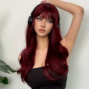 Resim Kırmızı Şarap Rengi 60.96 cm Kıvırcık Dalgalı Saç Peruklu Alın Fırfırlı - Günlük Kullanım, Partiler, Cosplay, Müzik Festivali İçin Sentetik Saç Yedek 