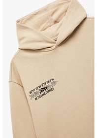 Resim Koton Erkek Çocuk Şardonlu Uzun Kollu Pamuklu Baskılı Oversize Kapşonlu Sweatshirt Bej 